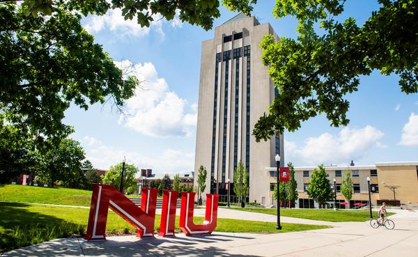 A photo of the NIU sculpture in the MLK Commons on the NIU campus. 
